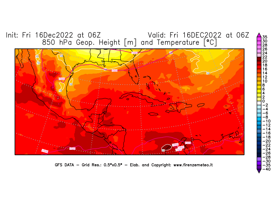 Mappa di analisi GFS - Geopotenziale [m] e Temperatura [°C] a 850 hPa in Centro-America
							del 16/12/2022 06 <!--googleoff: index-->UTC<!--googleon: index-->