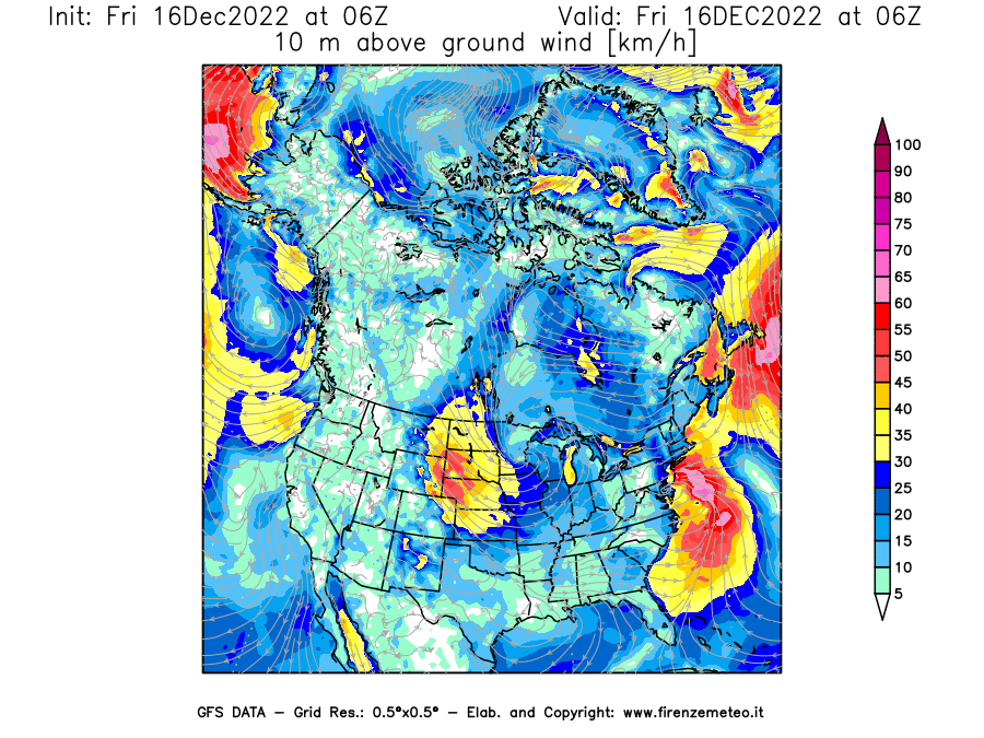 Mappa di analisi GFS - Velocità del vento a 10 metri dal suolo [km/h] in Nord-America
							del 16/12/2022 06 <!--googleoff: index-->UTC<!--googleon: index-->