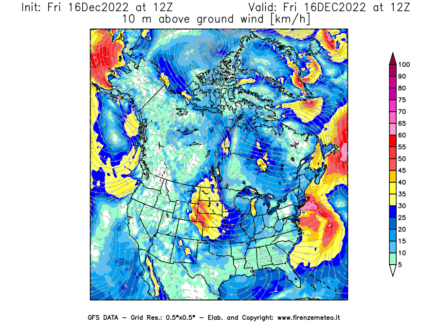 Mappa di analisi GFS - Velocità del vento a 10 metri dal suolo [km/h] in Nord-America
							del 16/12/2022 12 <!--googleoff: index-->UTC<!--googleon: index-->
