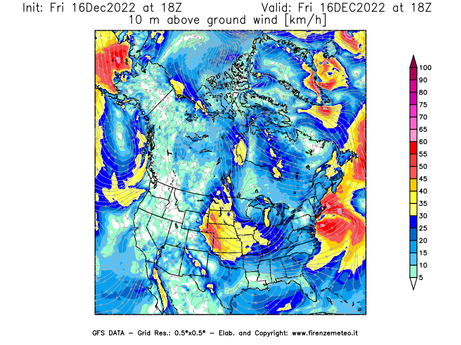 Mappa di analisi GFS - Velocità del vento a 10 metri dal suolo [km/h] in Nord-America
							del 16/12/2022 18 <!--googleoff: index-->UTC<!--googleon: index-->