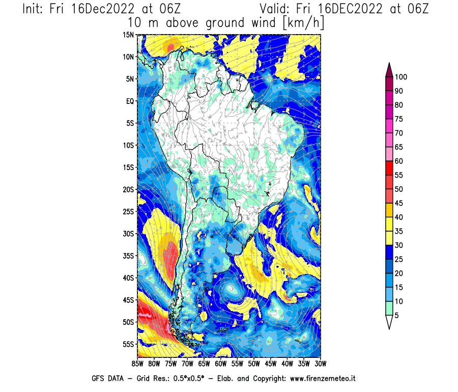 Mappa di analisi GFS - Velocità del vento a 10 metri dal suolo [km/h] in Sud-America
							del 16/12/2022 06 <!--googleoff: index-->UTC<!--googleon: index-->