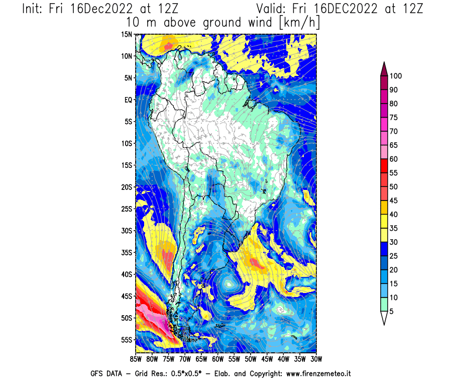 Mappa di analisi GFS - Velocità del vento a 10 metri dal suolo [km/h] in Sud-America
							del 16/12/2022 12 <!--googleoff: index-->UTC<!--googleon: index-->