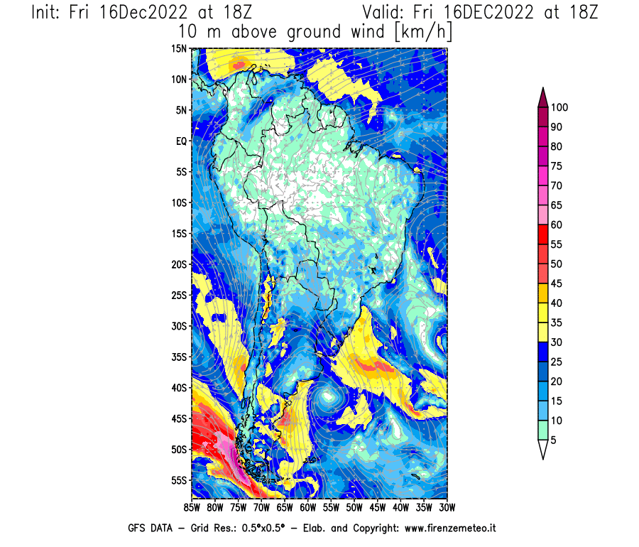 Mappa di analisi GFS - Velocità del vento a 10 metri dal suolo [km/h] in Sud-America
							del 16/12/2022 18 <!--googleoff: index-->UTC<!--googleon: index-->