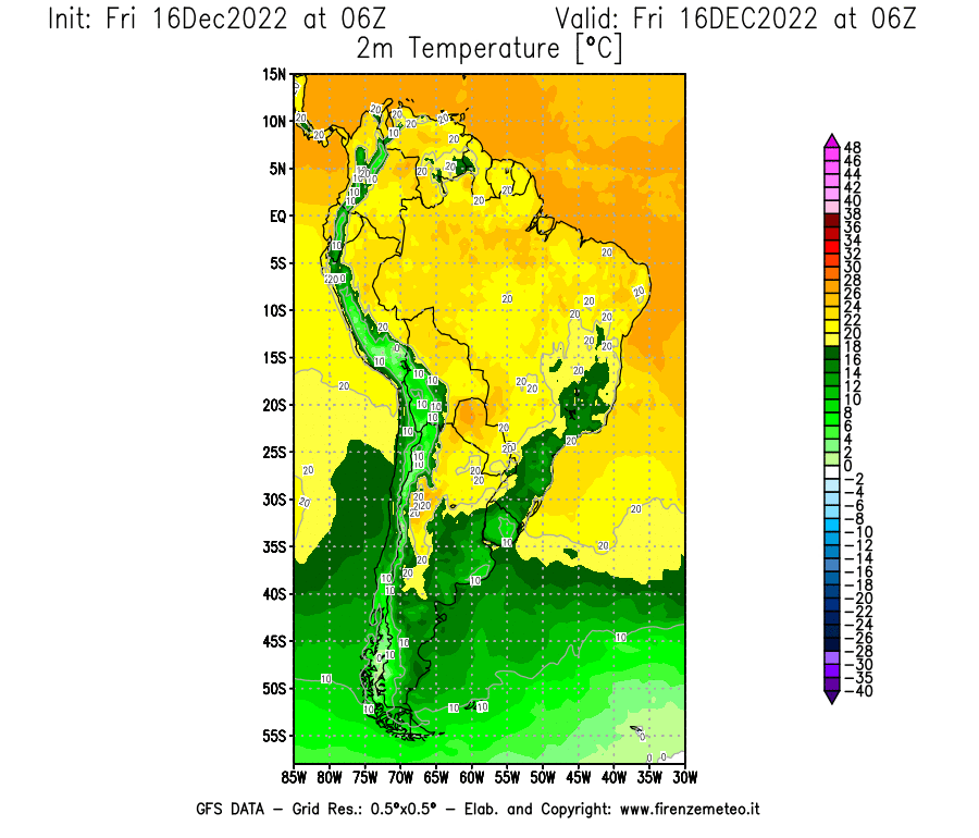 Mappa di analisi GFS - Temperatura a 2 metri dal suolo [°C] in Sud-America
							del 16/12/2022 06 <!--googleoff: index-->UTC<!--googleon: index-->