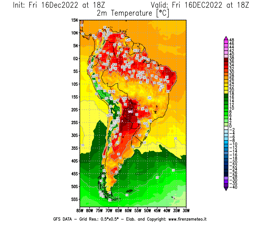 Mappa di analisi GFS - Temperatura a 2 metri dal suolo [°C] in Sud-America
							del 16/12/2022 18 <!--googleoff: index-->UTC<!--googleon: index-->