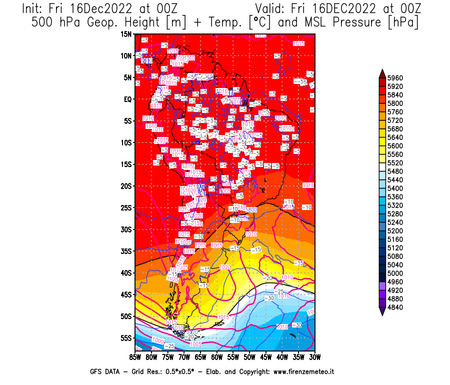 Mappa di analisi GFS - Geopotenziale [m] + Temp. [°C] a 500 hPa + Press. a livello del mare [hPa] in Sud-America
							del 16/12/2022 00 <!--googleoff: index-->UTC<!--googleon: index-->