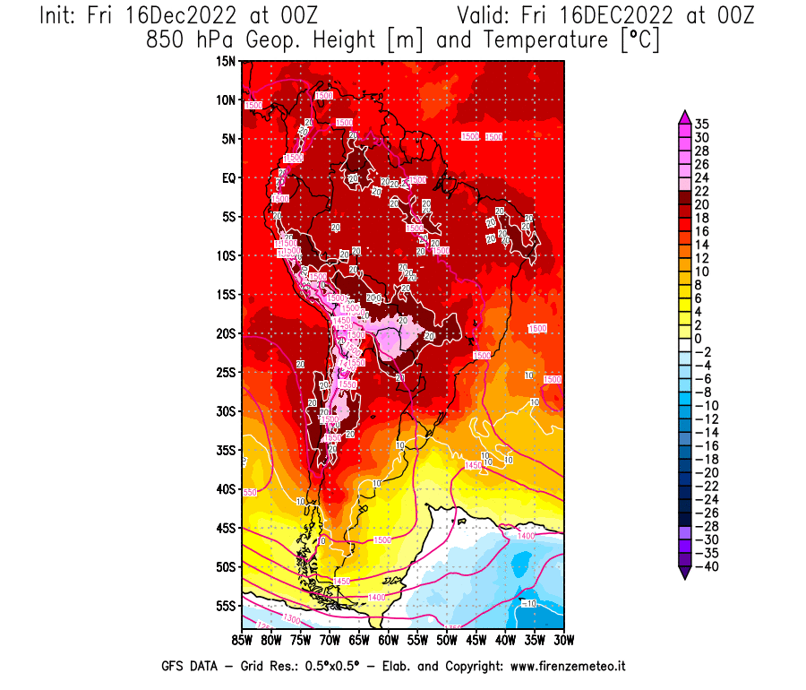Mappa di analisi GFS - Geopotenziale [m] e Temperatura [°C] a 850 hPa in Sud-America
							del 16/12/2022 00 <!--googleoff: index-->UTC<!--googleon: index-->