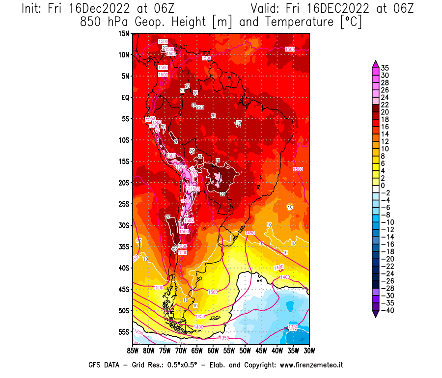 Mappa di analisi GFS - Geopotenziale [m] e Temperatura [°C] a 850 hPa in Sud-America
							del 16/12/2022 06 <!--googleoff: index-->UTC<!--googleon: index-->