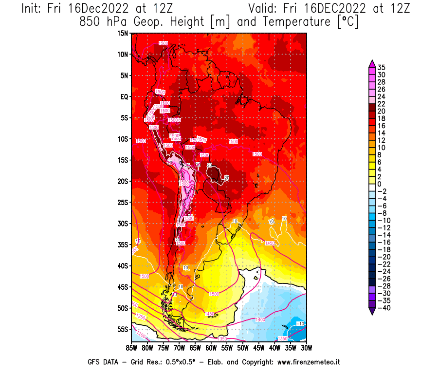 Mappa di analisi GFS - Geopotenziale [m] e Temperatura [°C] a 850 hPa in Sud-America
							del 16/12/2022 12 <!--googleoff: index-->UTC<!--googleon: index-->