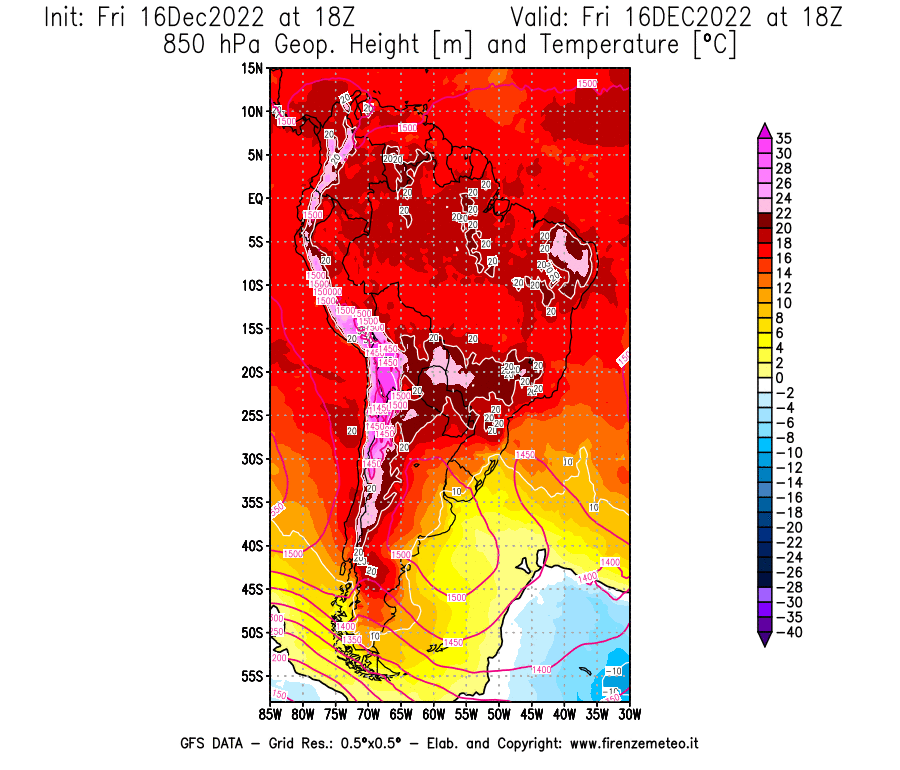 Mappa di analisi GFS - Geopotenziale [m] e Temperatura [°C] a 850 hPa in Sud-America
							del 16/12/2022 18 <!--googleoff: index-->UTC<!--googleon: index-->