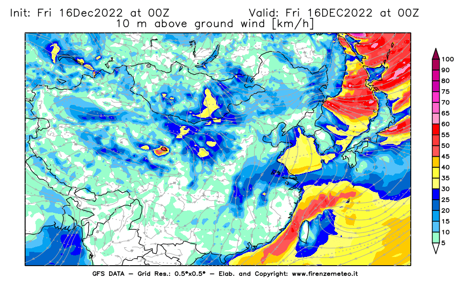 Mappa di analisi GFS - Velocità del vento a 10 metri dal suolo [km/h] in Asia Orientale
							del 16/12/2022 00 <!--googleoff: index-->UTC<!--googleon: index-->