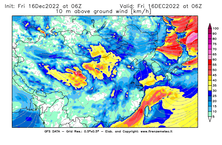 Mappa di analisi GFS - Velocità del vento a 10 metri dal suolo [km/h] in Asia Orientale
							del 16/12/2022 06 <!--googleoff: index-->UTC<!--googleon: index-->