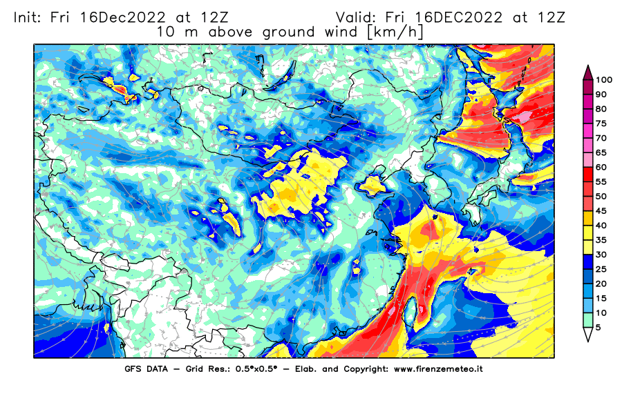 Mappa di analisi GFS - Velocità del vento a 10 metri dal suolo [km/h] in Asia Orientale
							del 16/12/2022 12 <!--googleoff: index-->UTC<!--googleon: index-->