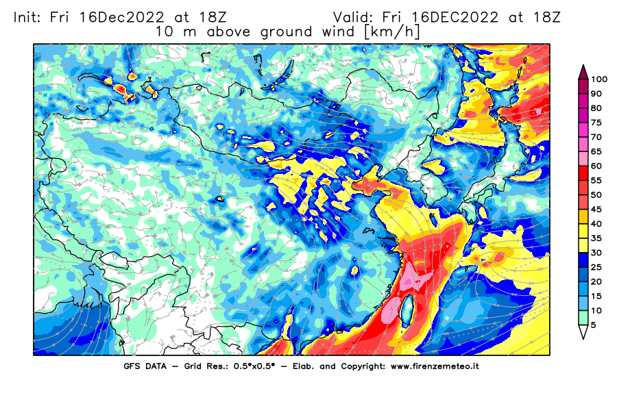 Mappa di analisi GFS - Velocità del vento a 10 metri dal suolo [km/h] in Asia Orientale
							del 16/12/2022 18 <!--googleoff: index-->UTC<!--googleon: index-->
