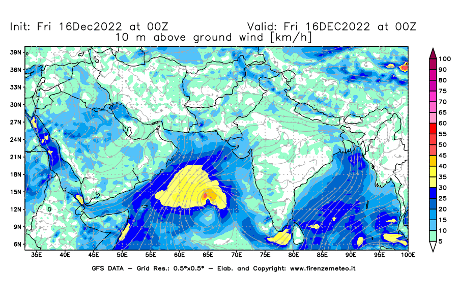 Mappa di analisi GFS - Velocità del vento a 10 metri dal suolo [km/h] in Asia Sud-Occidentale
							del 16/12/2022 00 <!--googleoff: index-->UTC<!--googleon: index-->