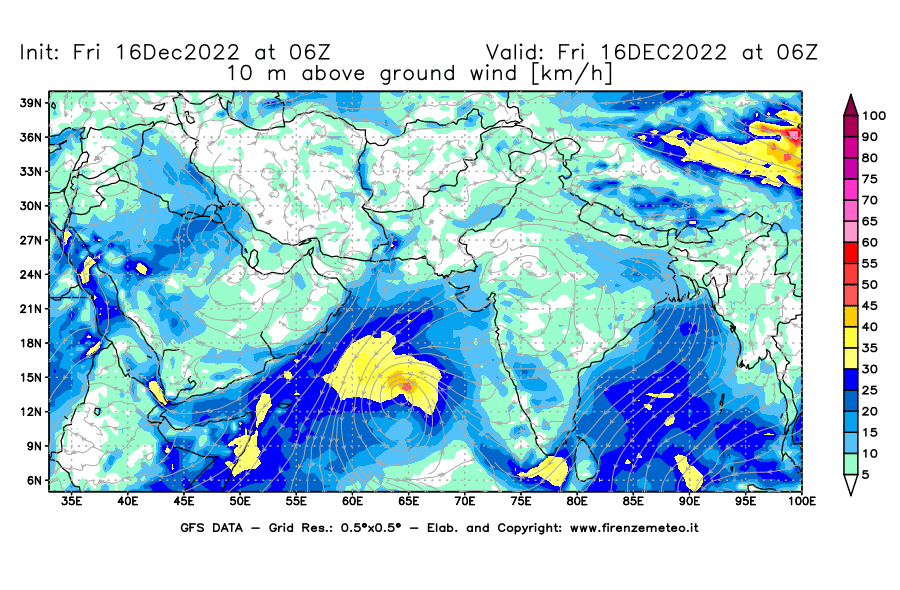 Mappa di analisi GFS - Velocità del vento a 10 metri dal suolo [km/h] in Asia Sud-Occidentale
							del 16/12/2022 06 <!--googleoff: index-->UTC<!--googleon: index-->