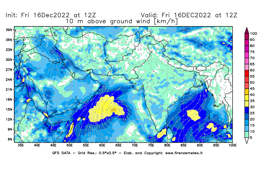 Mappa di analisi GFS - Velocità del vento a 10 metri dal suolo [km/h] in Asia Sud-Occidentale
							del 16/12/2022 12 <!--googleoff: index-->UTC<!--googleon: index-->