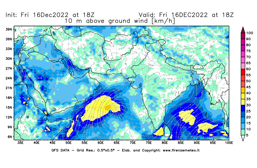Mappa di analisi GFS - Velocità del vento a 10 metri dal suolo [km/h] in Asia Sud-Occidentale
							del 16/12/2022 18 <!--googleoff: index-->UTC<!--googleon: index-->