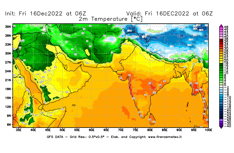 Mappa di analisi GFS - Temperatura a 2 metri dal suolo [°C] in Asia Sud-Occidentale
							del 16/12/2022 06 <!--googleoff: index-->UTC<!--googleon: index-->