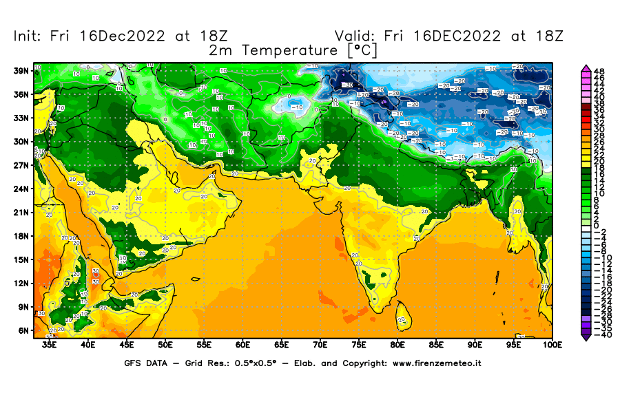 Mappa di analisi GFS - Temperatura a 2 metri dal suolo [°C] in Asia Sud-Occidentale
							del 16/12/2022 18 <!--googleoff: index-->UTC<!--googleon: index-->