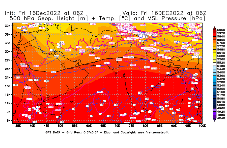 Mappa di analisi GFS - Geopotenziale [m] + Temp. [°C] a 500 hPa + Press. a livello del mare [hPa] in Asia Sud-Occidentale
							del 16/12/2022 06 <!--googleoff: index-->UTC<!--googleon: index-->