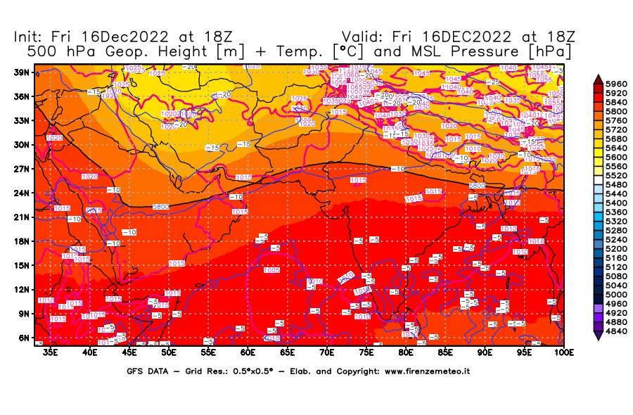 Mappa di analisi GFS - Geopotenziale [m] + Temp. [°C] a 500 hPa + Press. a livello del mare [hPa] in Asia Sud-Occidentale
							del 16/12/2022 18 <!--googleoff: index-->UTC<!--googleon: index-->