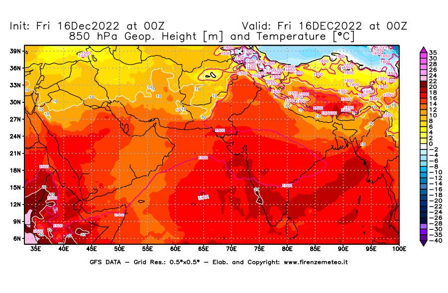 Mappa di analisi GFS - Geopotenziale [m] e Temperatura [°C] a 850 hPa in Asia Sud-Occidentale
							del 16/12/2022 00 <!--googleoff: index-->UTC<!--googleon: index-->