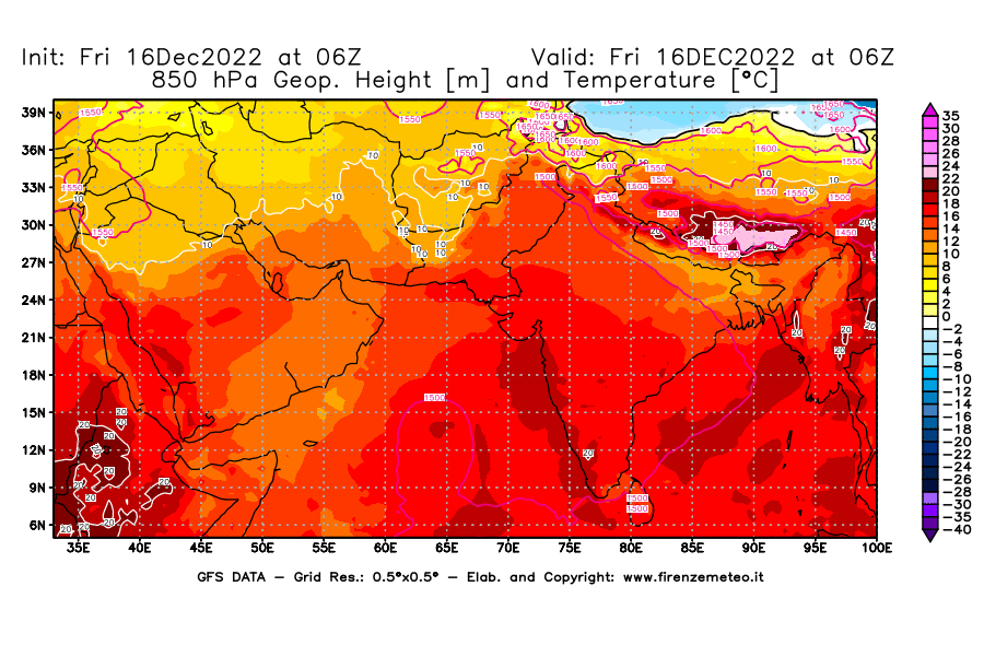 Mappa di analisi GFS - Geopotenziale [m] e Temperatura [°C] a 850 hPa in Asia Sud-Occidentale
							del 16/12/2022 06 <!--googleoff: index-->UTC<!--googleon: index-->