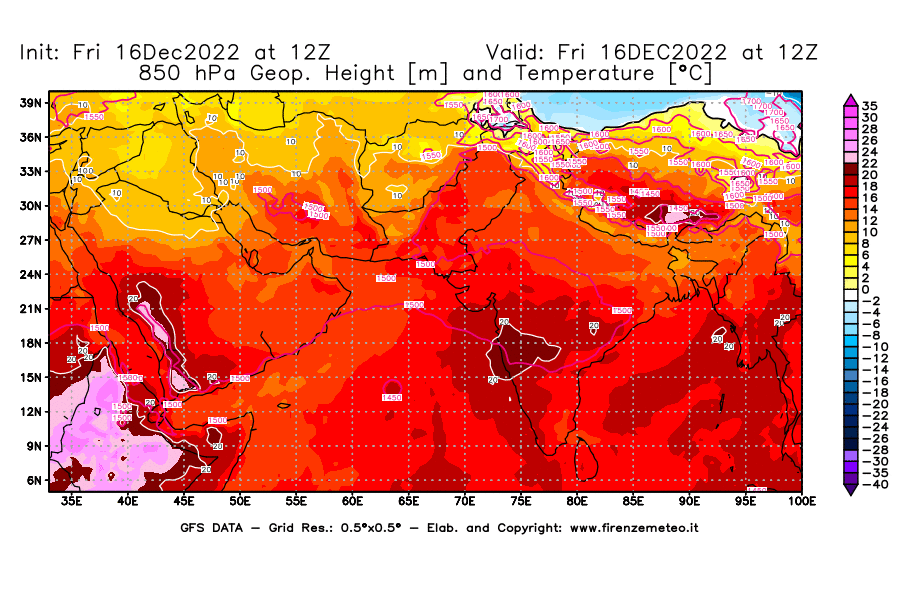 Mappa di analisi GFS - Geopotenziale [m] e Temperatura [°C] a 850 hPa in Asia Sud-Occidentale
							del 16/12/2022 12 <!--googleoff: index-->UTC<!--googleon: index-->