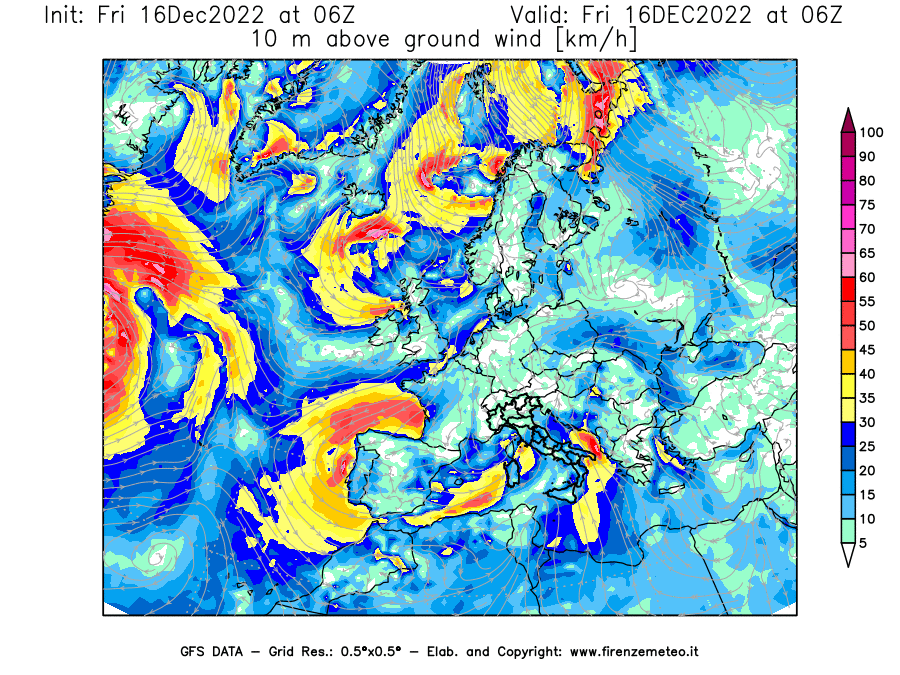 Mappa di analisi GFS - Velocità del vento a 10 metri dal suolo [km/h] in Europa
							del 16/12/2022 06 <!--googleoff: index-->UTC<!--googleon: index-->