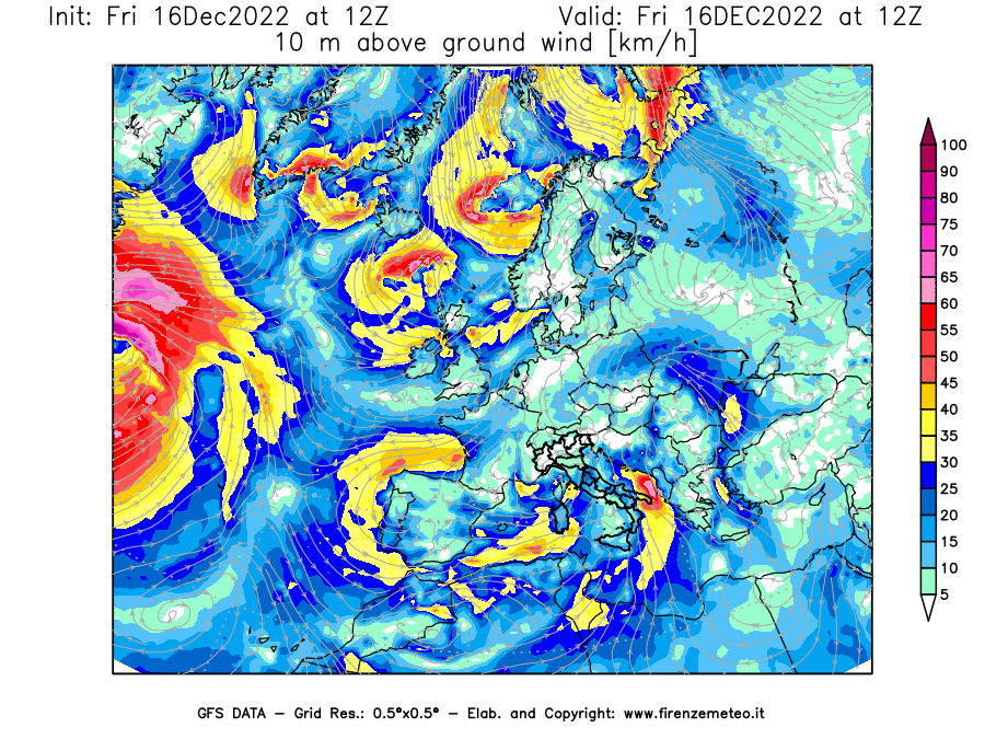 Mappa di analisi GFS - Velocità del vento a 10 metri dal suolo [km/h] in Europa
							del 16/12/2022 12 <!--googleoff: index-->UTC<!--googleon: index-->