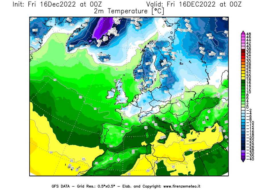Mappa di analisi GFS - Temperatura a 2 metri dal suolo [°C] in Europa
							del 16/12/2022 00 <!--googleoff: index-->UTC<!--googleon: index-->