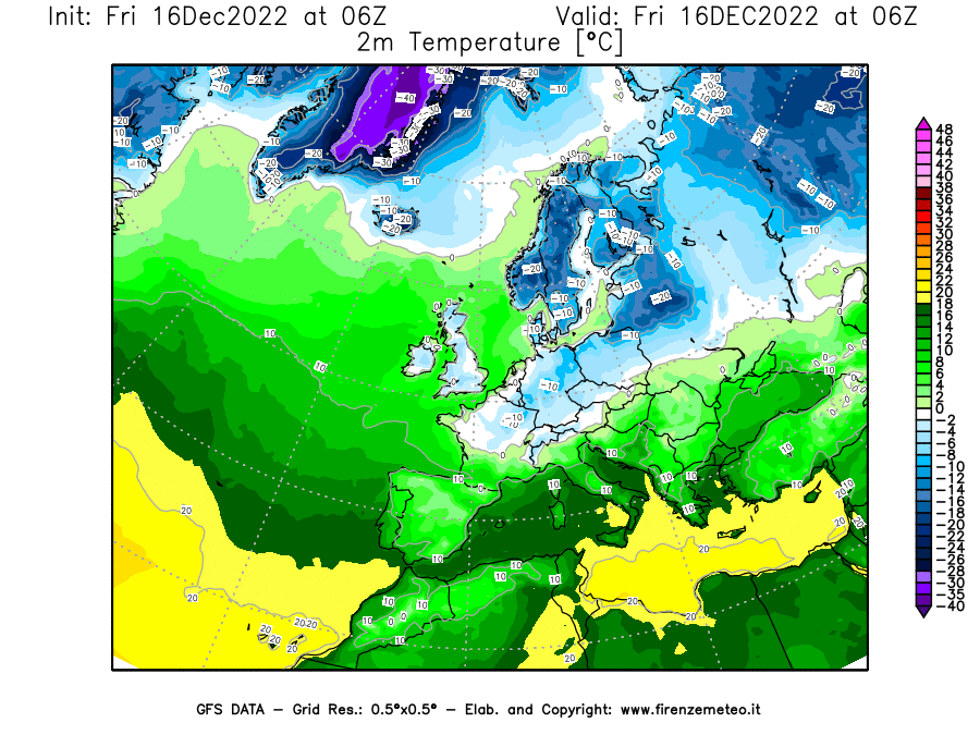 Mappa di analisi GFS - Temperatura a 2 metri dal suolo [°C] in Europa
							del 16/12/2022 06 <!--googleoff: index-->UTC<!--googleon: index-->