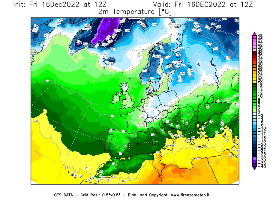 Mappa di analisi GFS - Temperatura a 2 metri dal suolo [°C] in Europa
							del 16/12/2022 12 <!--googleoff: index-->UTC<!--googleon: index-->
