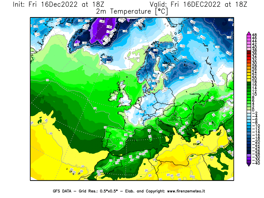 Mappa di analisi GFS - Temperatura a 2 metri dal suolo [°C] in Europa
							del 16/12/2022 18 <!--googleoff: index-->UTC<!--googleon: index-->