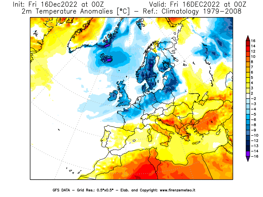 Mappa di analisi GFS - Anomalia Temperatura [°C] a 2 m in Europa
							del 16/12/2022 00 <!--googleoff: index-->UTC<!--googleon: index-->