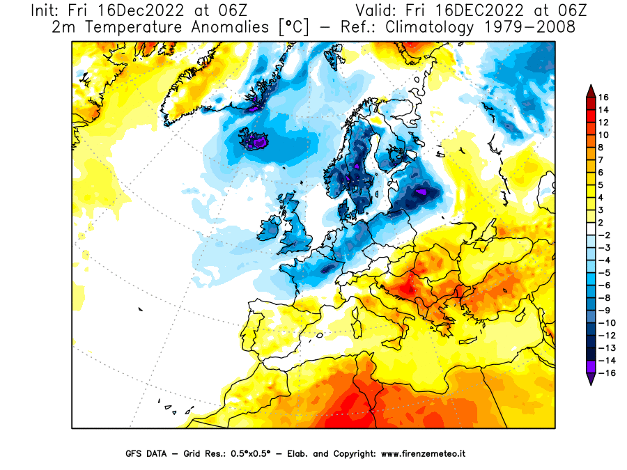Mappa di analisi GFS - Anomalia Temperatura [°C] a 2 m in Europa
							del 16/12/2022 06 <!--googleoff: index-->UTC<!--googleon: index-->