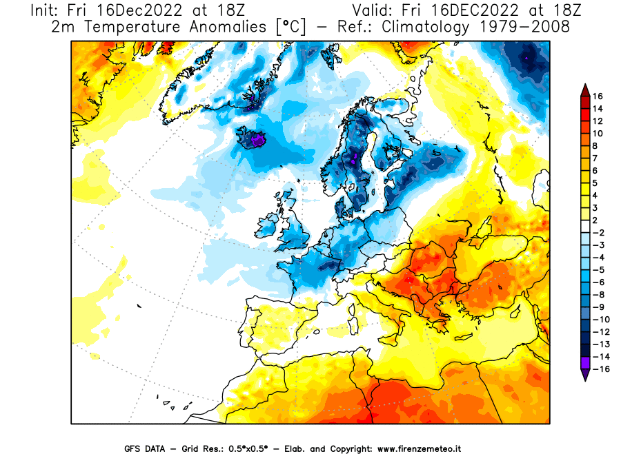 Mappa di analisi GFS - Anomalia Temperatura [°C] a 2 m in Europa
							del 16/12/2022 18 <!--googleoff: index-->UTC<!--googleon: index-->