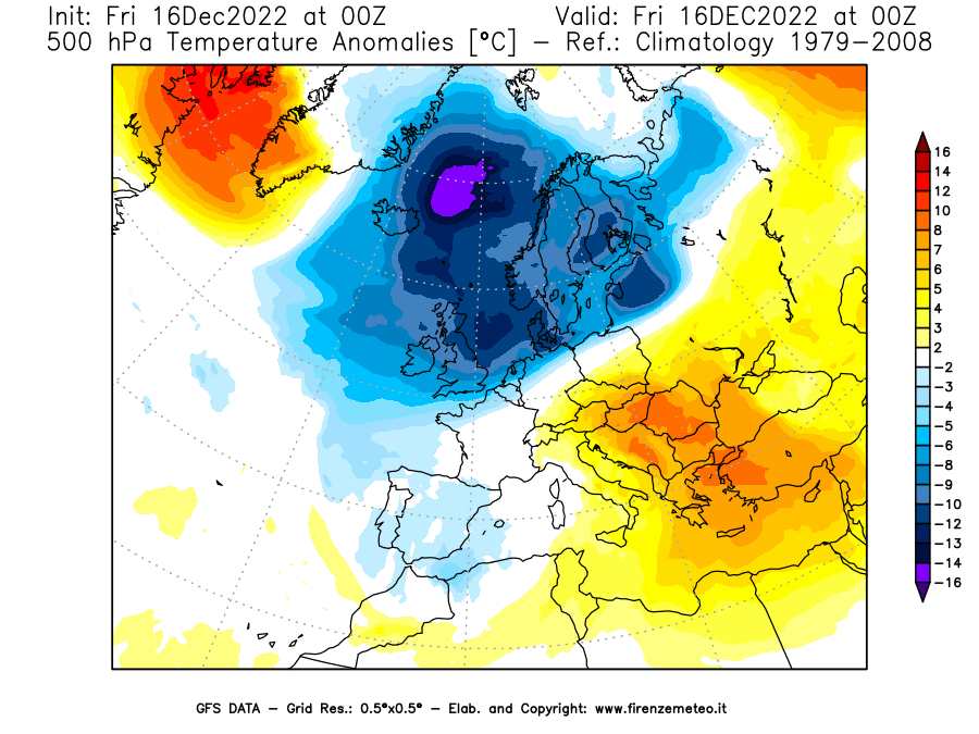 Mappa di analisi GFS - Anomalia Temperatura [°C] a 500 hPa in Europa
							del 16/12/2022 00 <!--googleoff: index-->UTC<!--googleon: index-->