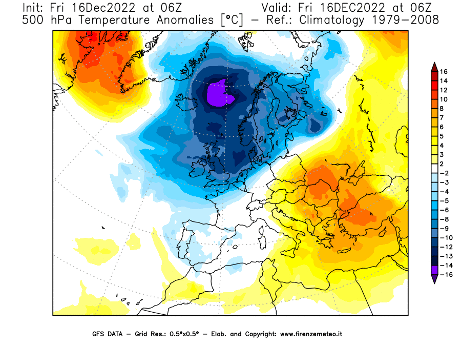 Mappa di analisi GFS - Anomalia Temperatura [°C] a 500 hPa in Europa
							del 16/12/2022 06 <!--googleoff: index-->UTC<!--googleon: index-->
