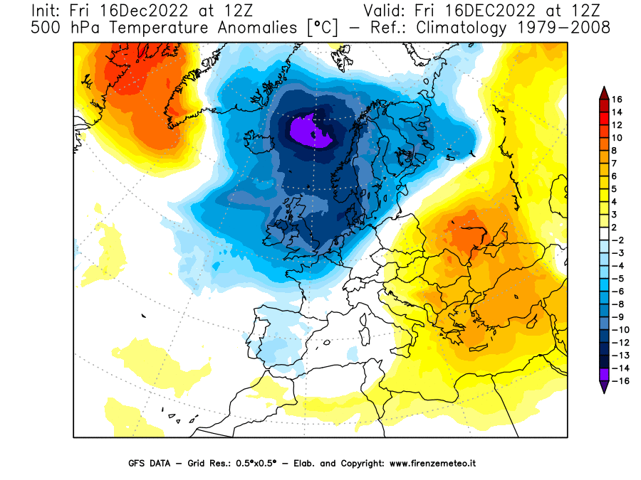 Mappa di analisi GFS - Anomalia Temperatura [°C] a 500 hPa in Europa
							del 16/12/2022 12 <!--googleoff: index-->UTC<!--googleon: index-->