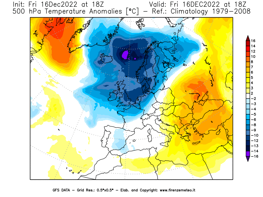 Mappa di analisi GFS - Anomalia Temperatura [°C] a 500 hPa in Europa
							del 16/12/2022 18 <!--googleoff: index-->UTC<!--googleon: index-->