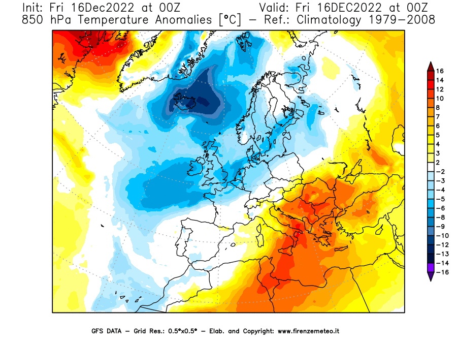 Mappa di analisi GFS - Anomalia Temperatura [°C] a 850 hPa in Europa
							del 16/12/2022 00 <!--googleoff: index-->UTC<!--googleon: index-->