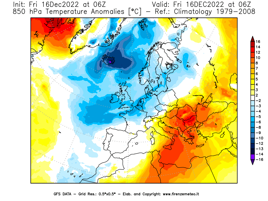Mappa di analisi GFS - Anomalia Temperatura [°C] a 850 hPa in Europa
							del 16/12/2022 06 <!--googleoff: index-->UTC<!--googleon: index-->
