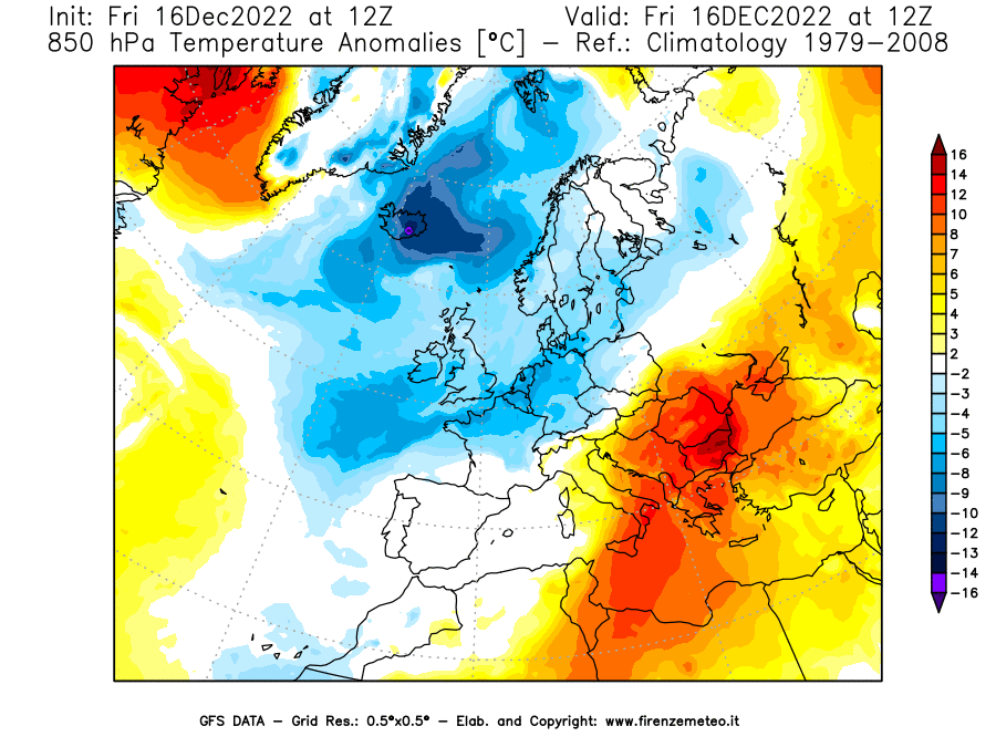Mappa di analisi GFS - Anomalia Temperatura [°C] a 850 hPa in Europa
							del 16/12/2022 12 <!--googleoff: index-->UTC<!--googleon: index-->