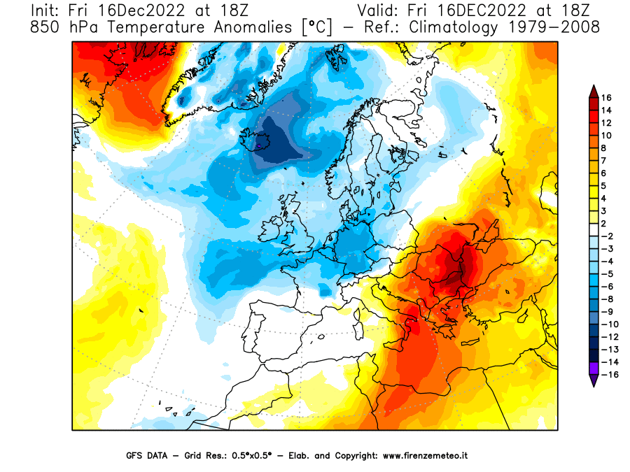 Mappa di analisi GFS - Anomalia Temperatura [°C] a 850 hPa in Europa
							del 16/12/2022 18 <!--googleoff: index-->UTC<!--googleon: index-->