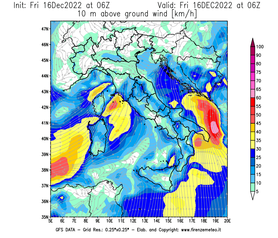 Mappa di analisi GFS - Velocità del vento a 10 metri dal suolo [km/h] in Italia
							del 16/12/2022 06 <!--googleoff: index-->UTC<!--googleon: index-->