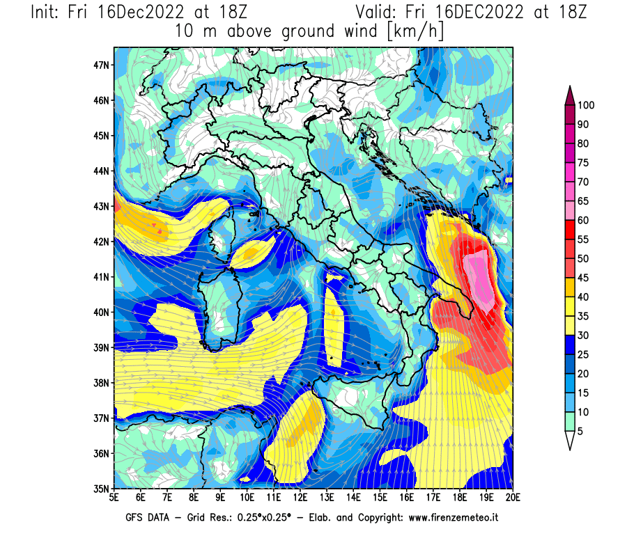 Mappa di analisi GFS - Velocità del vento a 10 metri dal suolo [km/h] in Italia
							del 16/12/2022 18 <!--googleoff: index-->UTC<!--googleon: index-->
