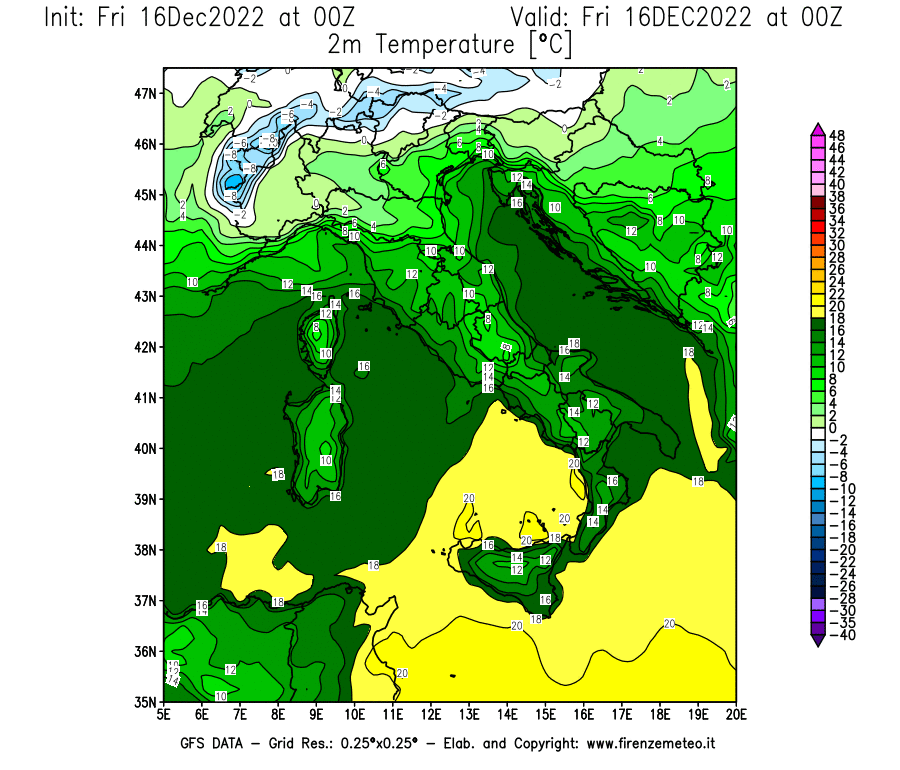 Mappa di analisi GFS - Temperatura a 2 metri dal suolo [°C] in Italia
							del 16/12/2022 00 <!--googleoff: index-->UTC<!--googleon: index-->