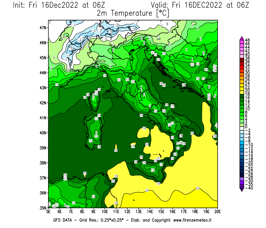 Mappa di analisi GFS - Temperatura a 2 metri dal suolo [°C] in Italia
							del 16/12/2022 06 <!--googleoff: index-->UTC<!--googleon: index-->